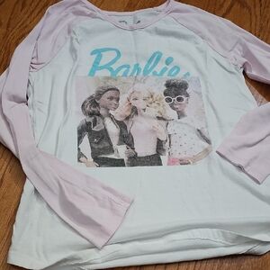 Barbie Kids Long Sleeve Tee - Pink and White with Blue Logo